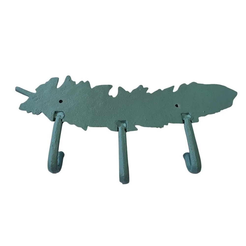 Vintage Cast Iron Feather Wall Hook Rack 3 Hooks Verdigris Green Rustic Decor K3
